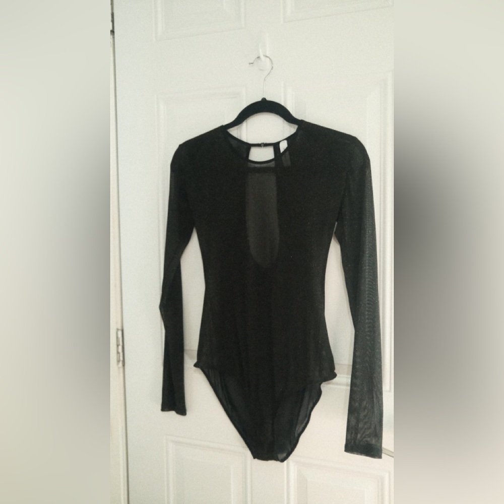 Halogen Black and Gold Sheer Long Sleeve Bodysuit